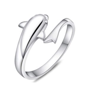 925 Sterling Silver Cute Dolphin Adjustable Rings for Women Girls Teen Dainty Small Tiny Tail Fish Wrap Statement Stacking Toe Finger Open Band Ring Dainty Jewelry Birthday Gift (silver)