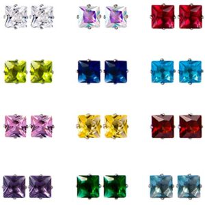 12 Pairs Stainless Steel Stud Earrings for Women, Princess Cut Square Cubic Zirconia Stud Earrings, Birthstone Earrings Stud Set 3mm