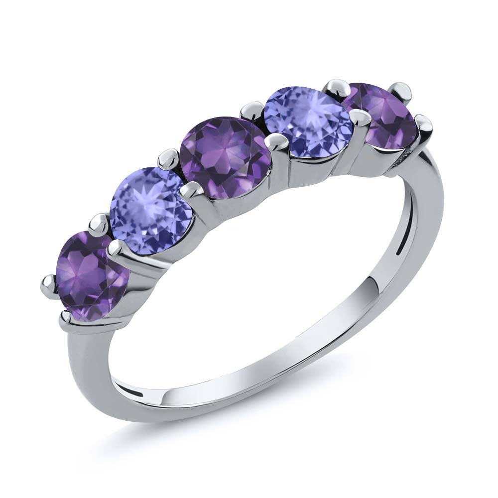 Gem Stone King 925 Sterling Silver Purple Amethyst and Blue Tanzanite Wedding Band Ring For Women (0.81 Cttw, Round 3.5MM, Gemstone February Birthstone, Available In Size 5, 6, 7, 8, 9)