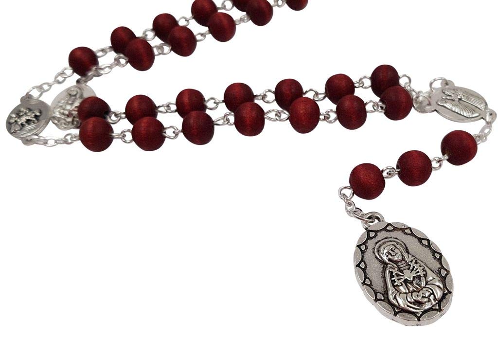 TALISMAN4U Seven Sorrows of Mary Rosary Chaplet Red Rose Scented Wooden Beads Catholic Jewelry Necklace for Women Men with Rosary Box