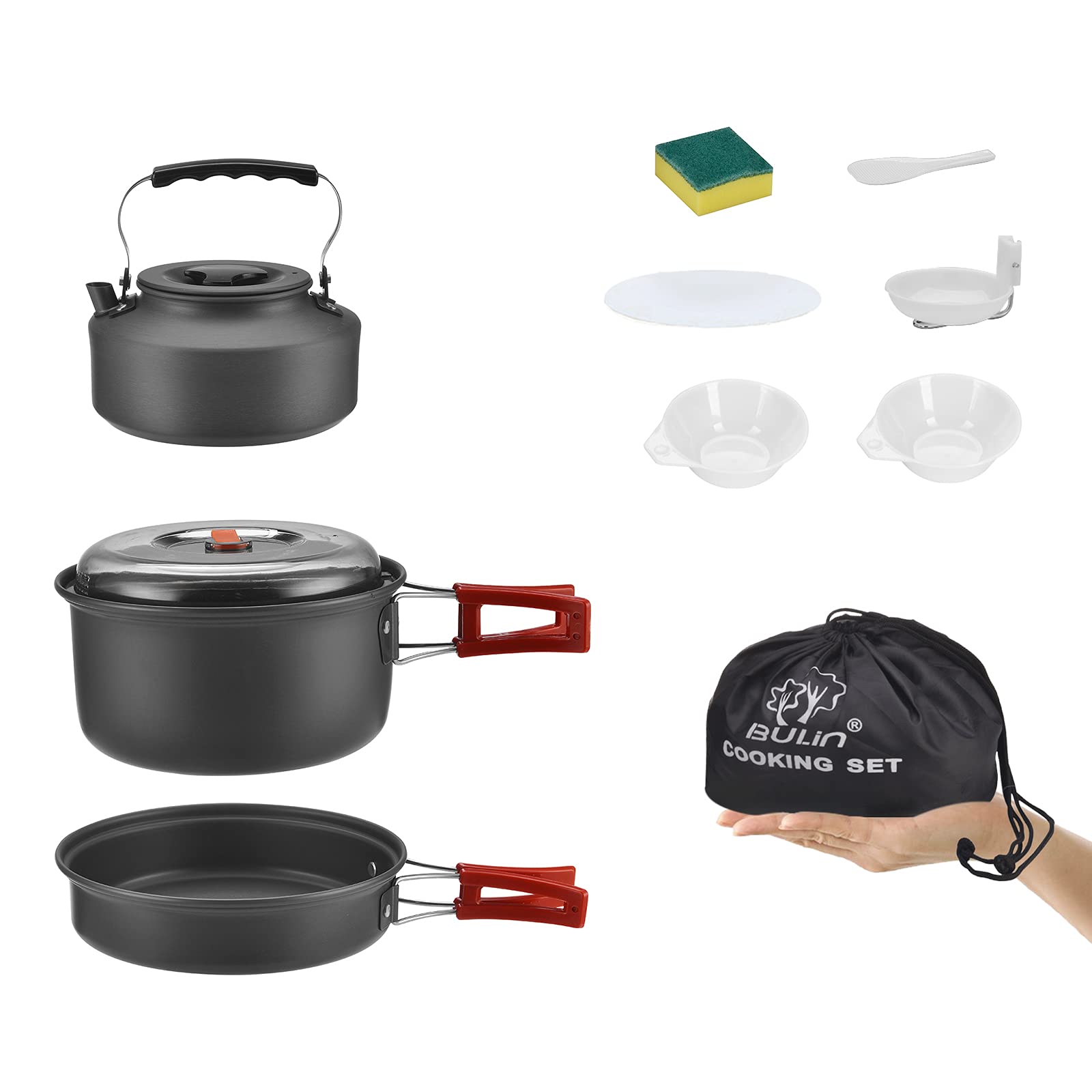 Bulin Camping Cookware Mess Kit, Backpack Portable Campfire Cooking Pots Pans Kettle Set, Lightweight Durable Cook Gear for Open Fire Hiking, Outdoor (BPA Free Bowls, Plates), 9 PCS