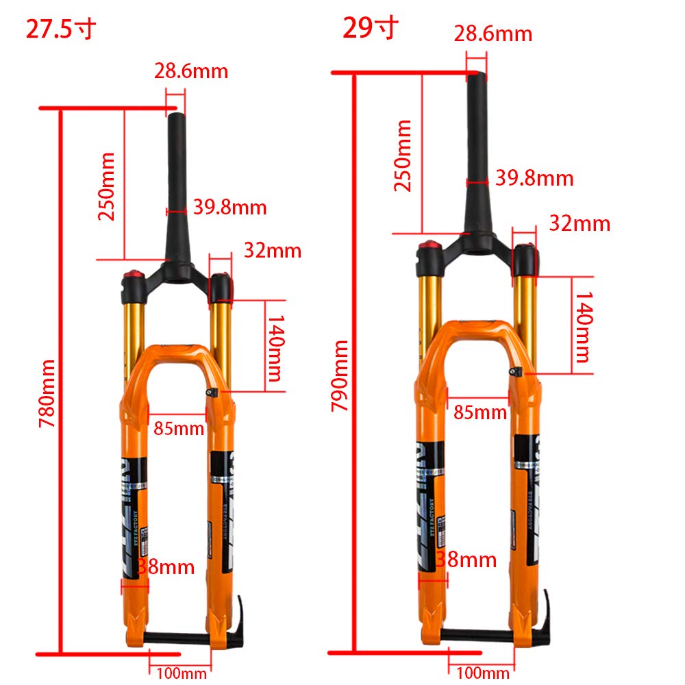 ZTZ MTB Forks Mountain Bike Suspension Fork 27.5 29 Inch Thru Axle 15mm MTB Air Suspension Fork, Travel 140mm Rebound Adjust 28.6mm Tapered Tube Manual Lockout Aluminum Alloy(Orange 27.5 inch)