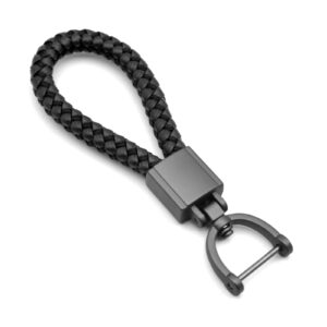 feyoun universal black leather car fob keychain metal keyring woven strap braided rope key chain for men and women - matte black color, with 360 degree rotatable d-ring and screwdriver