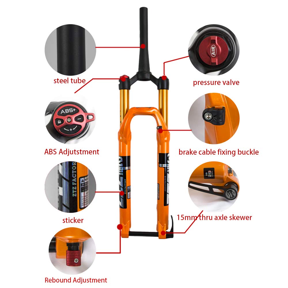 ZTZ MTB Forks Mountain Bike Suspension Fork 27.5 29 Inch Thru Axle 15mm MTB Air Suspension Fork, Travel 140mm Rebound Adjust 28.6mm Tapered Tube Manual Lockout Aluminum Alloy(Orange 27.5 inch)