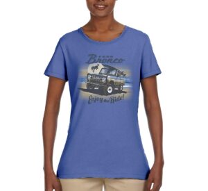 classic vintage ford bronco enjoy the ride cars and trucks womens graphic t-shirt, light blue, large