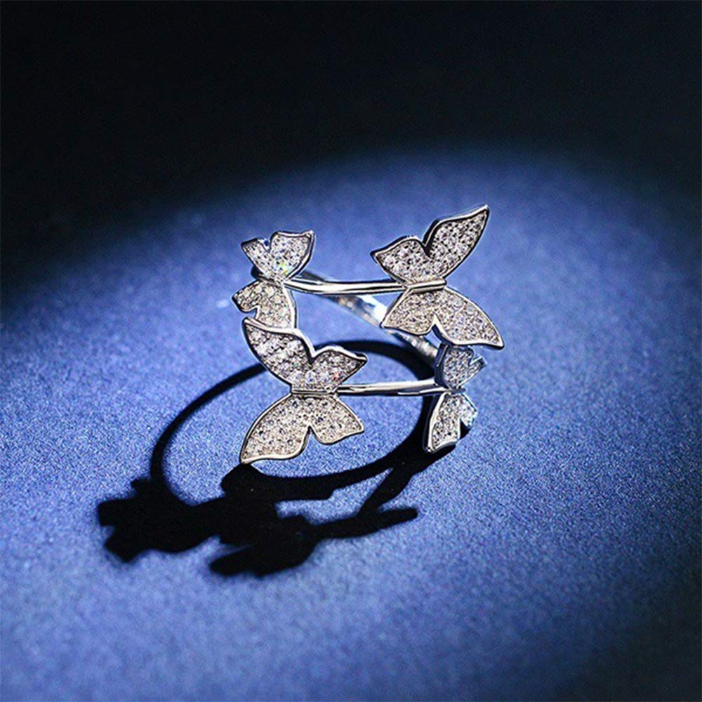 YERTTER Dainty Iced Out Butterfly Ring Layered Rhinestone Butterfly Ring Tail Ring Finger Ring Open Chic Ring for Women (Silver)