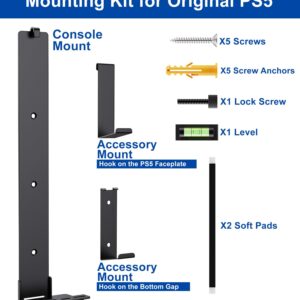 PS5 Wall Mount for PlayStation 5 Disc Edition and Digital Edition (Mount The Console on Wall Near or Behind TV with Invisible Design), Including 2 Accessories Holders (Black) - Not for PS5 Slim