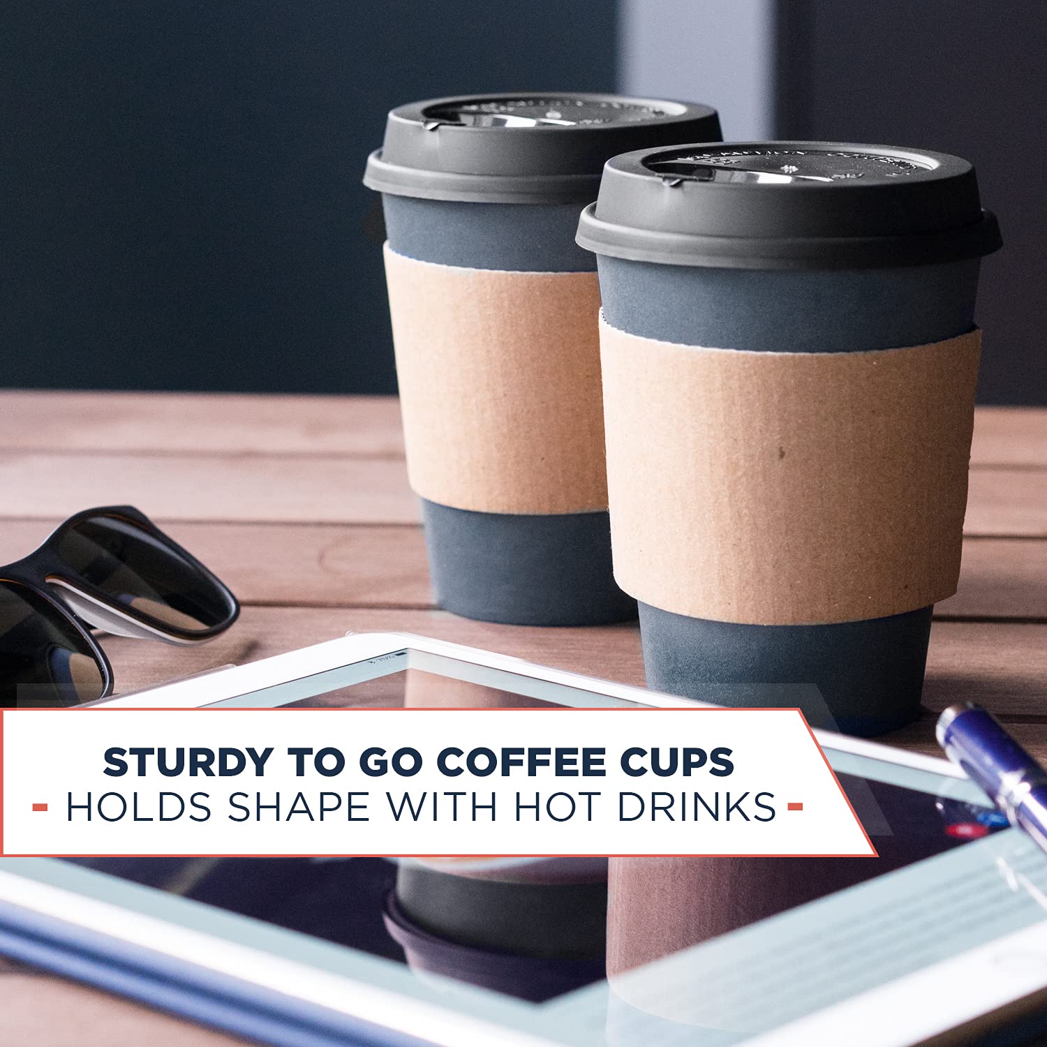 Glowcoast Disposable Coffee Cups With Lids and Sleeves, 12 oz - (90 Pack) To Go Coffee Cup With Lid. Togo Travel Paper Hot Cups Insulated For Hot, Cold Beverage Drinks (Dusk Grey)