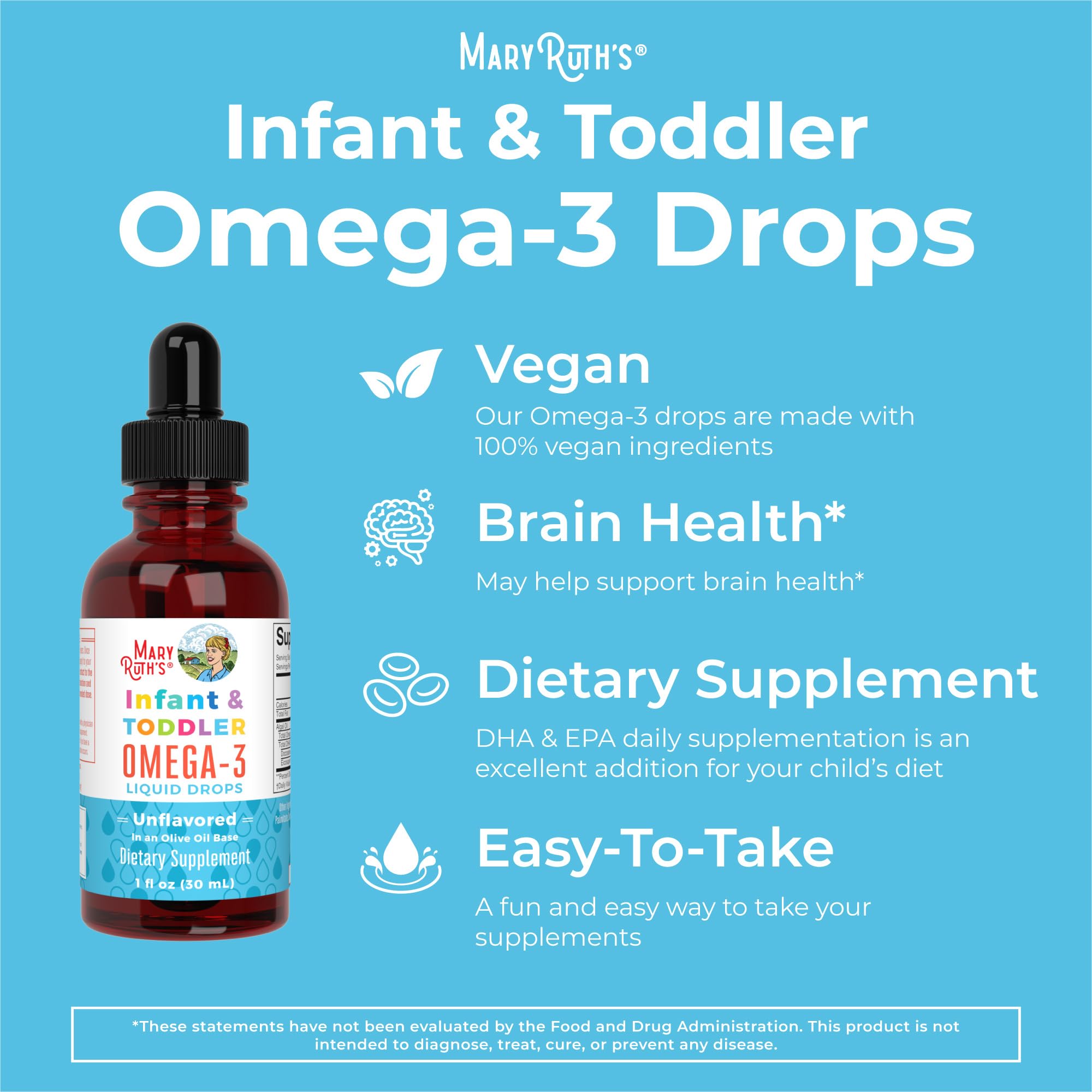 MaryRuth's Infant and Toddler Omega-3 Liquid Drops by | 200mg DHA and 2mg EPA Per Serving | Overall Wellness and Healthy Development | Unflavored | 1 Fl Oz