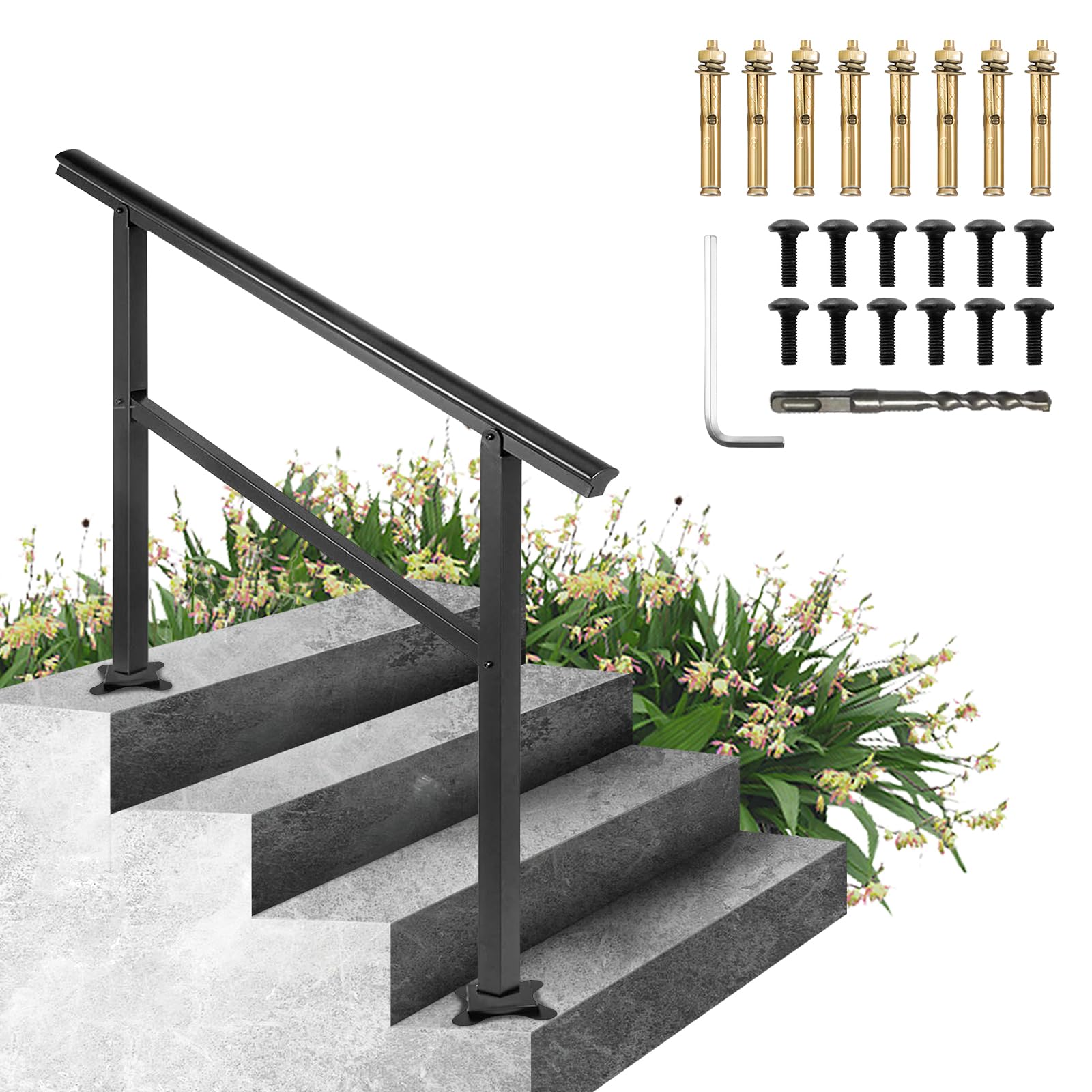 VEVOR Handrail for Outdoor Steps, 3-4 Steps Outdoor Handrail, Adjustable Aluminum Staircase Handrail, Thickened Stair Railings for Porch Railing, Deck Handrail