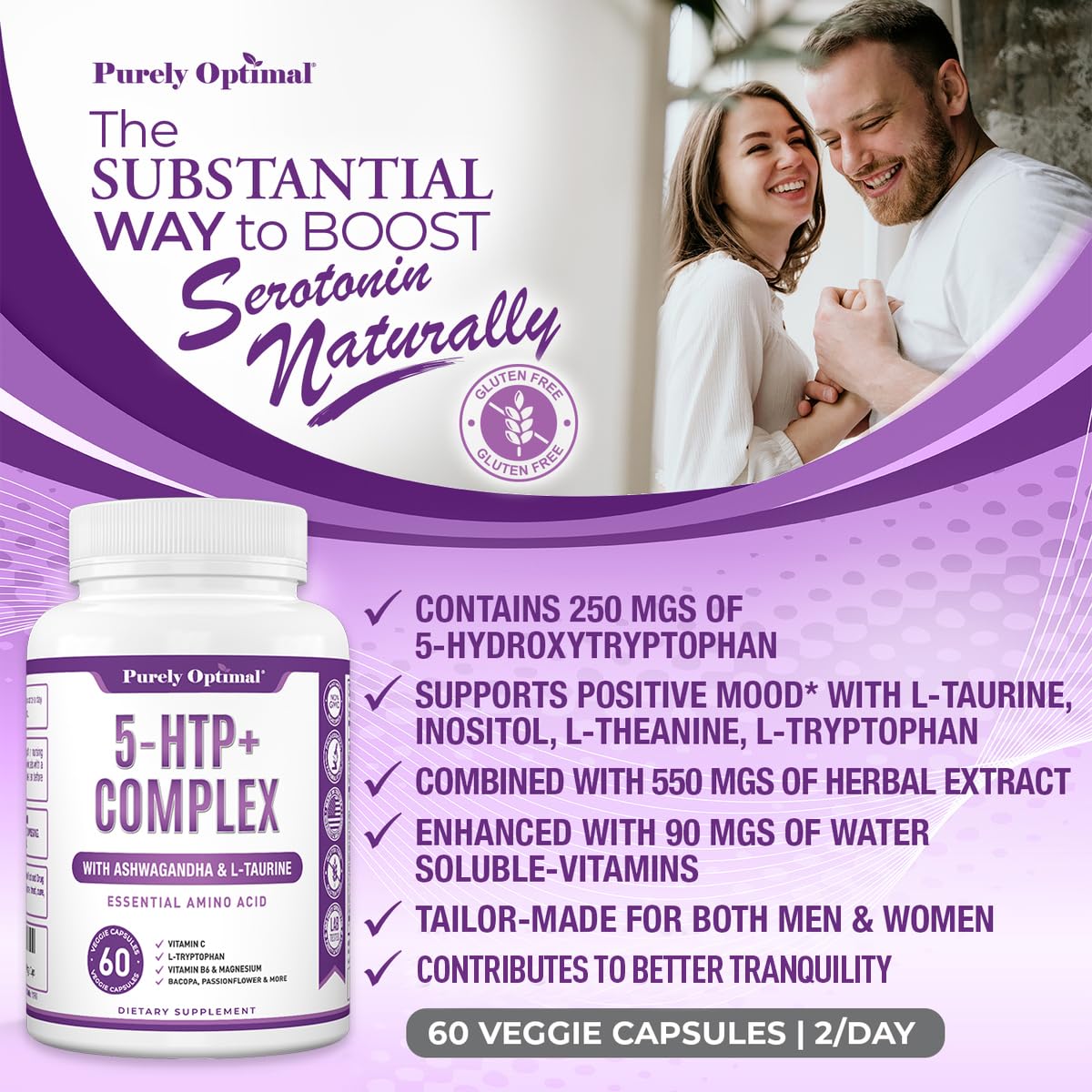 Purely Optimal Premium 5-HTP Plus Supplement 250mg Maximum Strength - Enhanced with Vitamin B6, Gluten Free, Non-GMO, 60 Veggie Caps