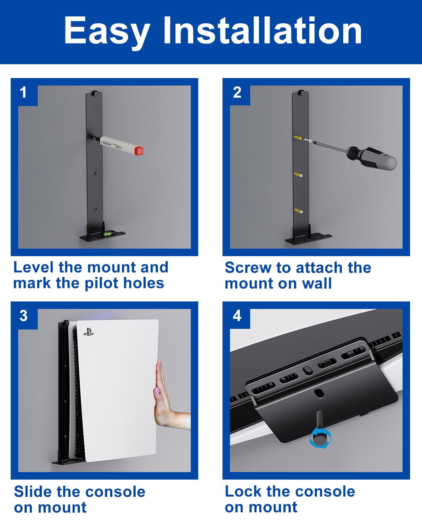 PS5 Wall Mount for PlayStation 5 Disc Edition and Digital Edition (Mount The Console on Wall Near or Behind TV with Invisible Design), Including 2 Accessories Holders (Black) - Not for PS5 Slim