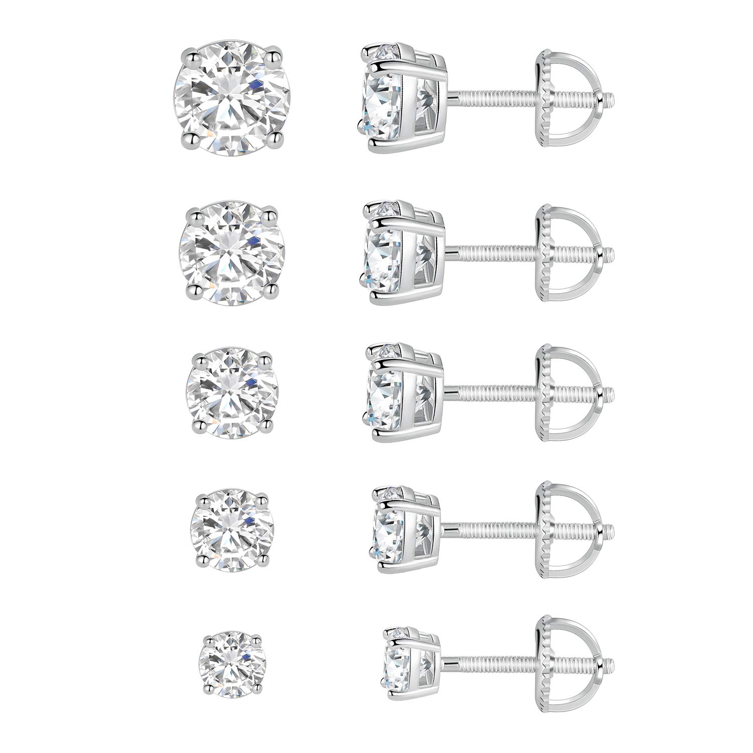 18K White Gold Plated 4 Pong Round Clear Cubic Zirconia Screw Back Stud Earring Pack of 5 Pairs (5 Pairs)…