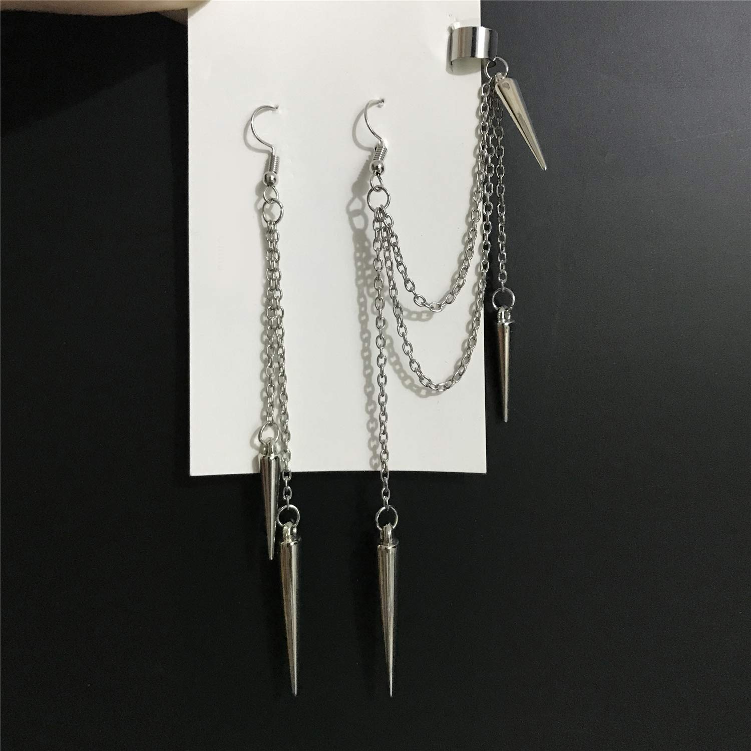 DAMLENG Lightweight Unique Black Punk Long Tassel Chain Ear Cuff Earrings 316L Stainless Steel Vintage Barrel Nails Crawler Climer Dangle Drop Earrings for Men Women Unisex (Silver)