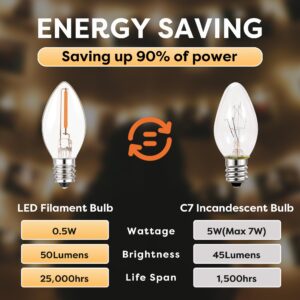 C7 LED E12 Candelabra Bulb Small Edison Candle Night Light Bulbs Salt Lamp Bulbs 0.5W Equivalent 5W 7W Warm White 2700K Clear Bulbs for Chandelier Christmas Light 50 Lumens Non-Dimmable (Pack of 2)