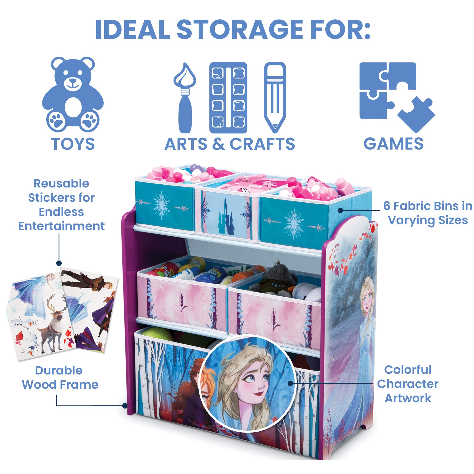 Delta Children Kids Table and Chair Set with Storage (2 Chairs Included) Plus Design & Store 6 Bin Toy Storage Organizer - Ideal for Arts & Crafts, Homeschooling, Homework & More, Disney Frozen II