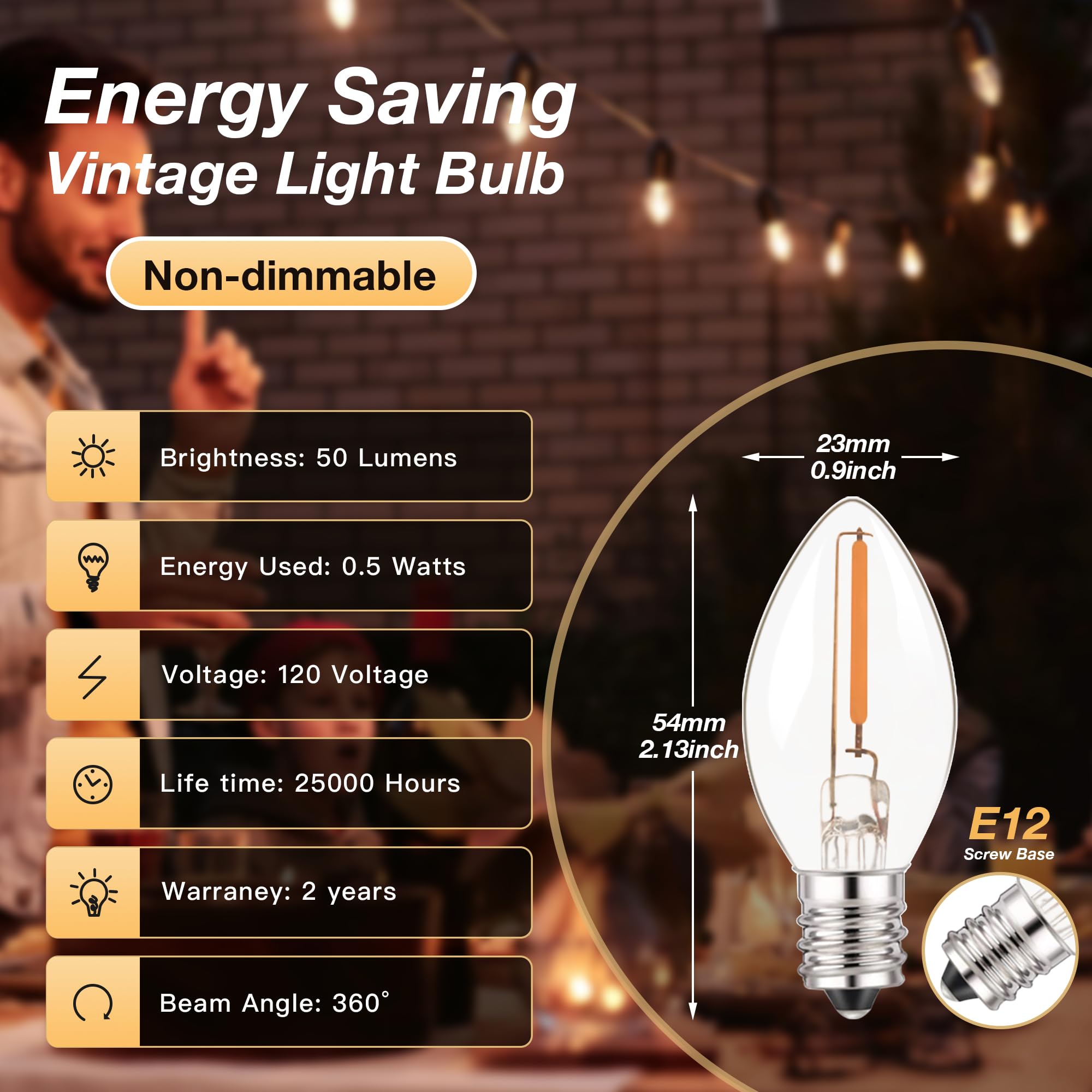 C7 LED E12 Candelabra Bulb Small Edison Candle Night Light Bulbs Salt Lamp Bulbs 0.5W Equivalent 5W 7W Warm White 2700K Clear Bulbs for Chandelier Christmas Light 50 Lumens Non-Dimmable (Pack of 2)