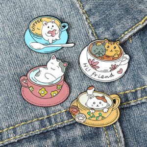 ink2055 Cartoon Cat Coffee Cup Brooch Bag Hats Lapel Enamel Paint Pin Garment Badge Gift,Vintage Fashion Brooch Pins for Women Teen Girls Crafts Gift - 2