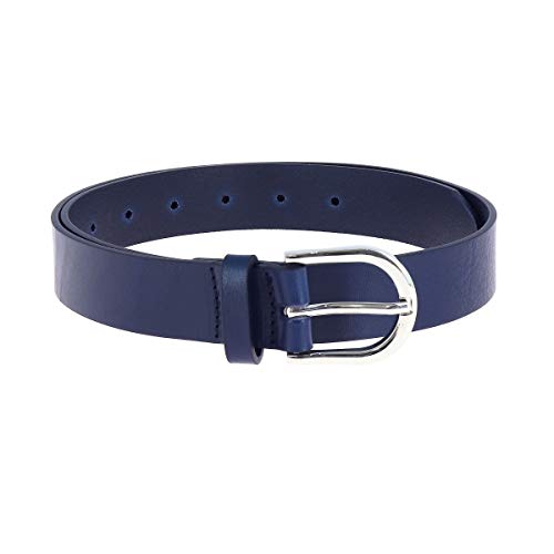 FASHIONGEN - Women's belt in vegetable-tanned bull leather, 3 cm wide, RIVOLI - Navy blue (Silver buckle), 85 cm (34 in) / Pants size 31 to 32