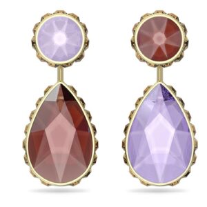 swarovski chroma asymmetrical drop earrings, ruby red and lilac crystals on gold-tone finish setting, part of the swarovski chroma collection