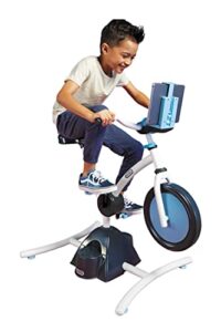 little tikes pelican explore & fit cycle adjustable play fitness exercise equipment stationary bike with videos and built-in bluetooth speaker, for kids ages 3-7 years, white, blue