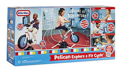 Little Tikes Pelican Explore & Fit Cycle Adjustable Play Fitness Exercise Equipment Stationary Bike with Videos and Built-in Bluetooth Speaker, For Kids Ages 3-7 Years, WHITE, BLUE