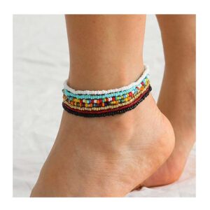 VFlowee Boho Handmade Beaded African Anklets Multicolor Women Stretch Seed Beads Rainbow Ankle Bracelets Glass Bead Bracelet Elastic Foot and Hand Chain Jewelry (7PCS)