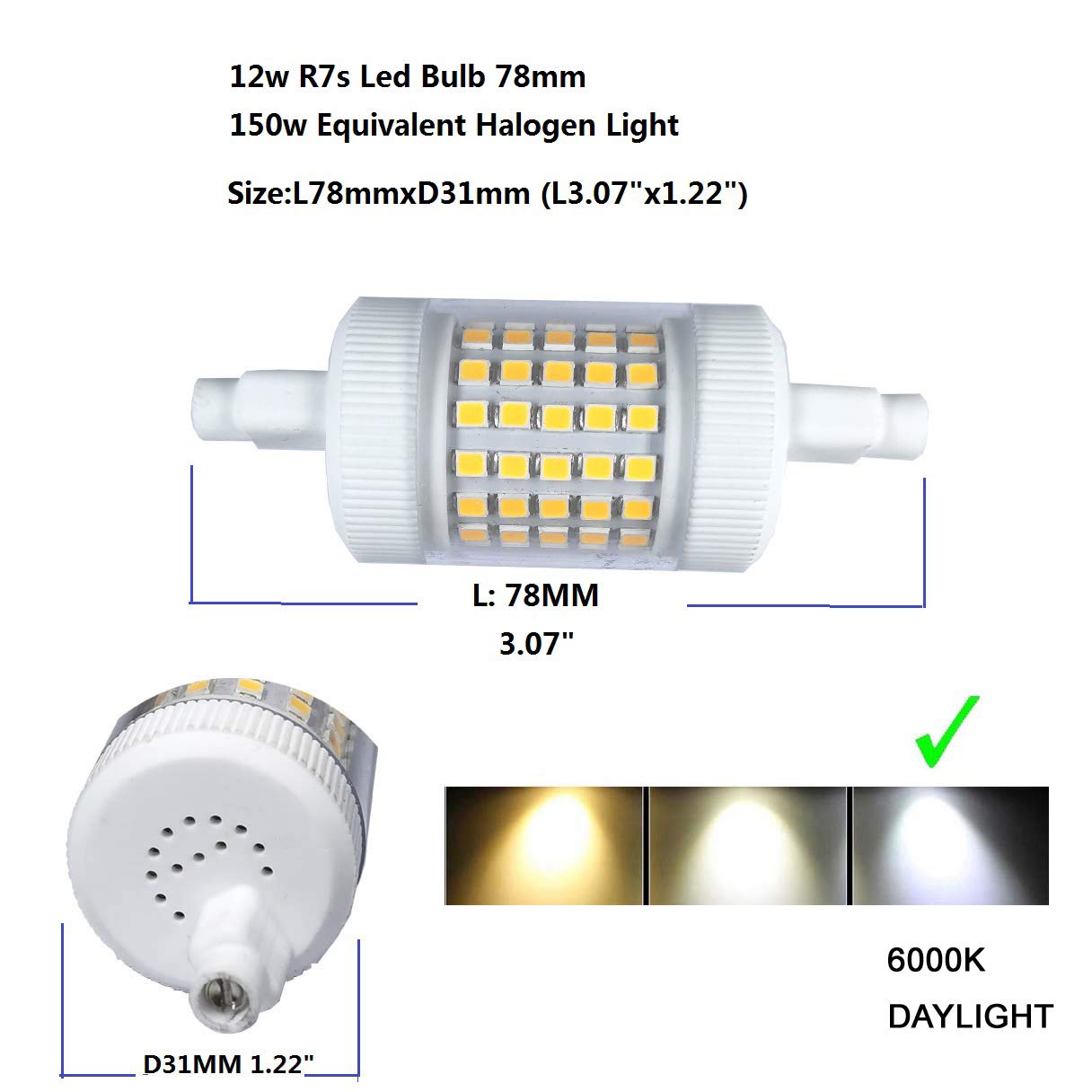 QLEE Dimmable 12w R7s Led Bulb 78mm Daylight 150w Equivalent Halogen Light 3.1" Double Ended J Base T3 R7s 150w 120v Flooding Light Reading Working Security Floor Lamp Soft Light 2PCS