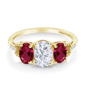 Gem Stone King 10K Yellow Gold Red Created Ruby White Moissanite and Diamond Accent 3 Stone Engagement Ring For Women (1.92 Cttw, Available In Size 5, 6, 7, 8, 9)