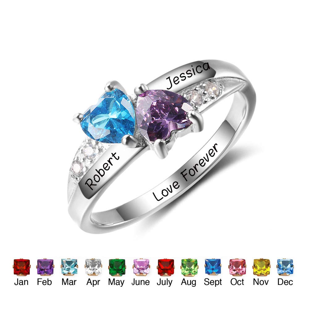 GLAMCARAT Sterling silver mothers ring with 2 heart birthstones, personalized customized engraved jewelry for women (10)