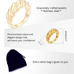 Uloveido 18K Gold Plated Croissant Ring Chunky Braided Twisted Dome Ring Band Stacking Minimalist Statement Rings (size 7)