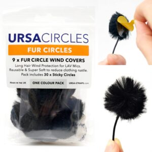 ursa fur circles - mini windshields for lavalier/lapel microphones. reduce wind noise & clothing rustle. compatible with sennheiser, rode, sanken, tascam & more (9x circles + 30x stickies, black)