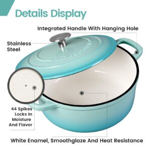 EDGING CASTING Enameled Cast Iron Covered 5.5 Quart Dutch Oven with Dual Handle for Bread Baking, Dutch Ovens with Lid, Peacock Blue