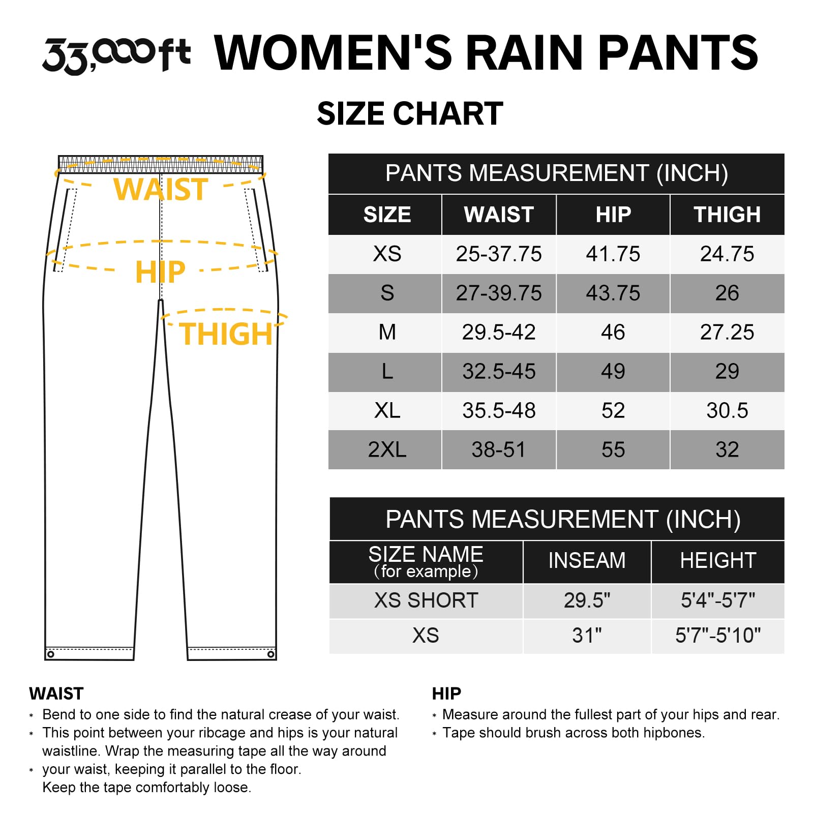 33,000ft Women's Rain Pants, Lightweight Waterproof Rain Over Pants, Windproof Hiking Pants for Outdoor, Fishing, Rainy Day … Black