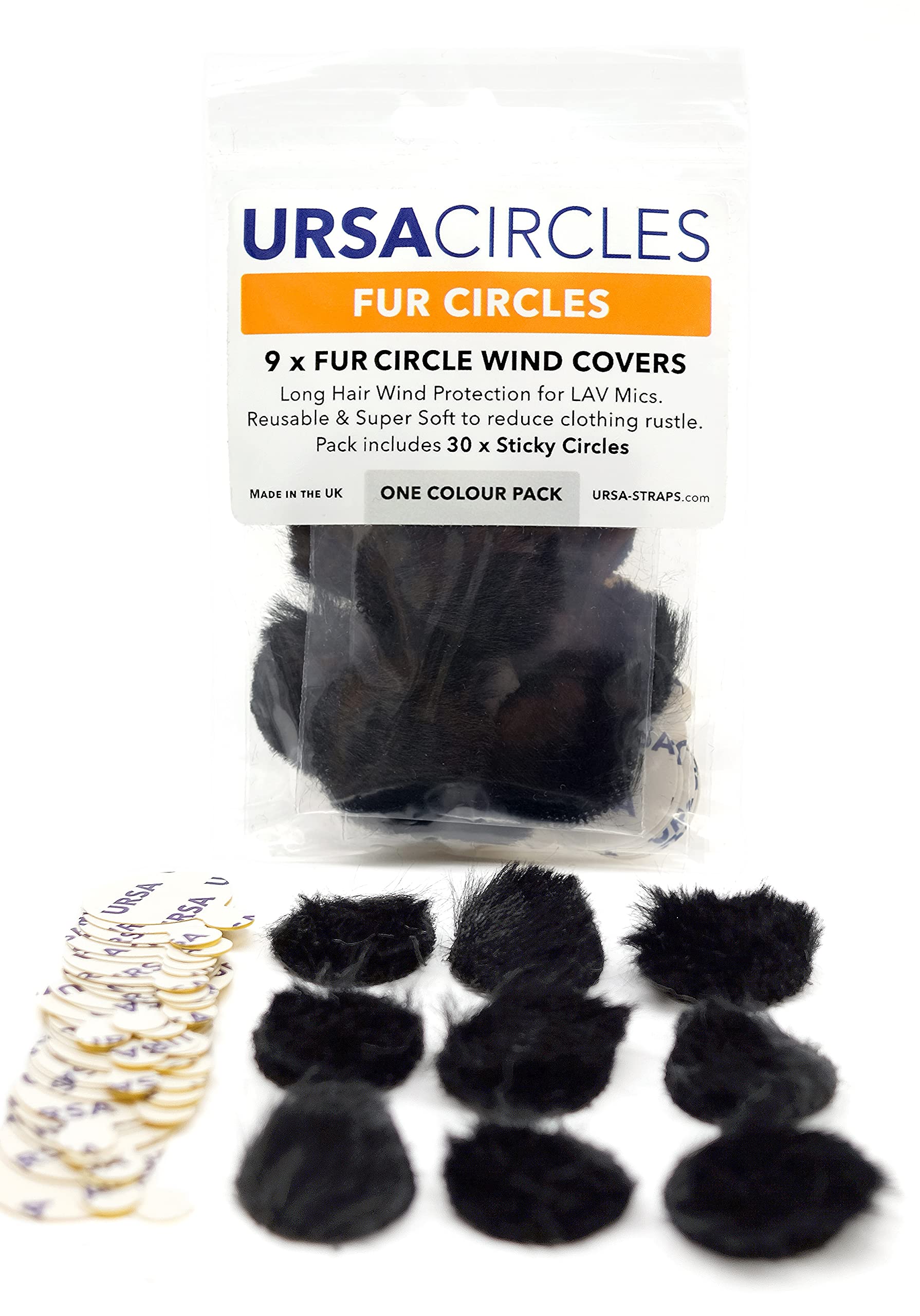 URSA Fur Circles - Mini Windshields for Lavalier/Lapel Microphones. Reduce Wind Noise & Clothing Rustle. Compatible with Sennheiser, RODE, Sanken, Tascam & More (9x Circles + 30x Stickies, Black)