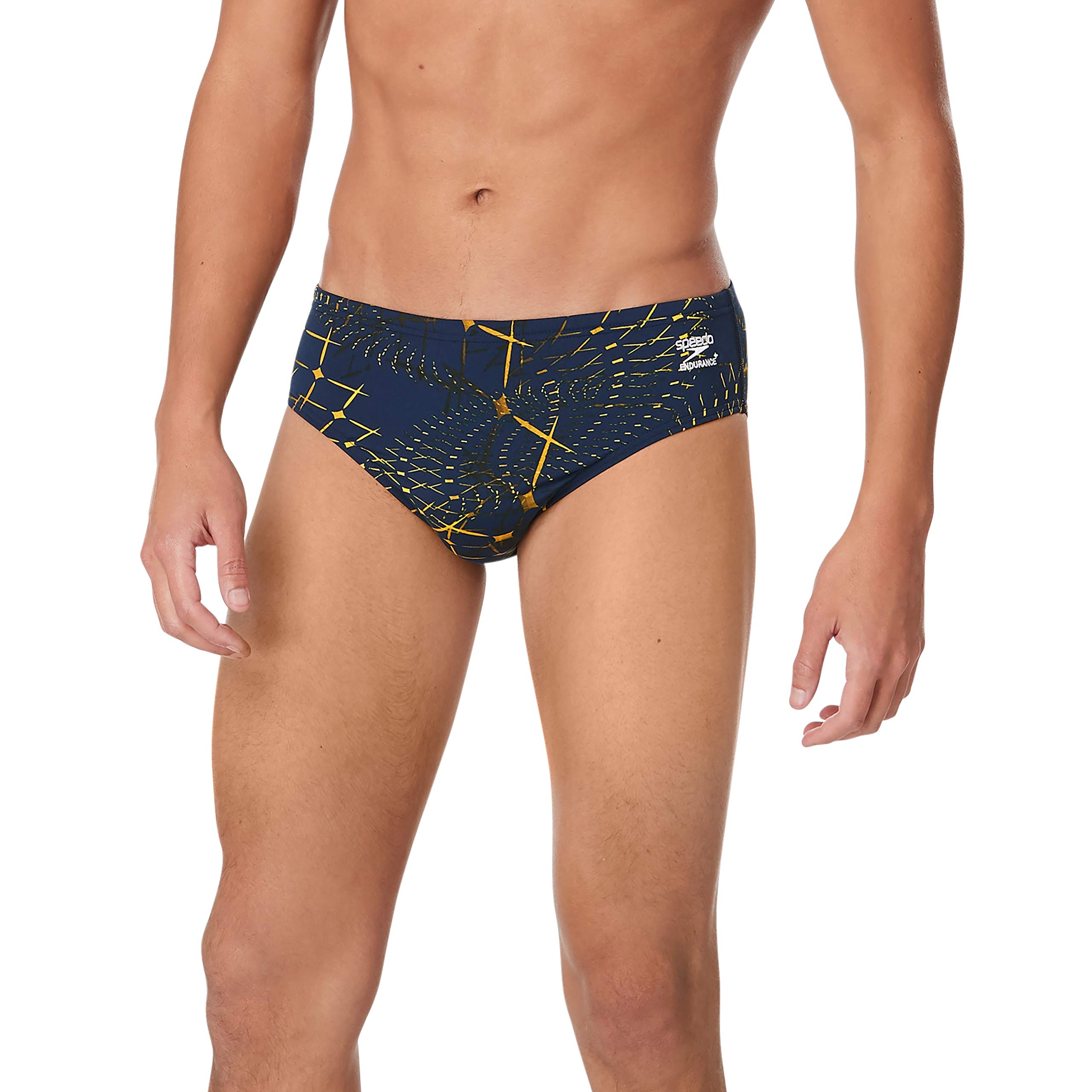 Speedo Men's Standard Swimsuit Brief Endurance+ Printed Team Colors, Galactic Navy/Gold, 38