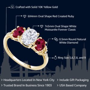 Gem Stone King 10K Yellow Gold Red Created Ruby White Moissanite and Diamond Accent 3 Stone Engagement Ring For Women (1.92 Cttw, Available In Size 5, 6, 7, 8, 9)