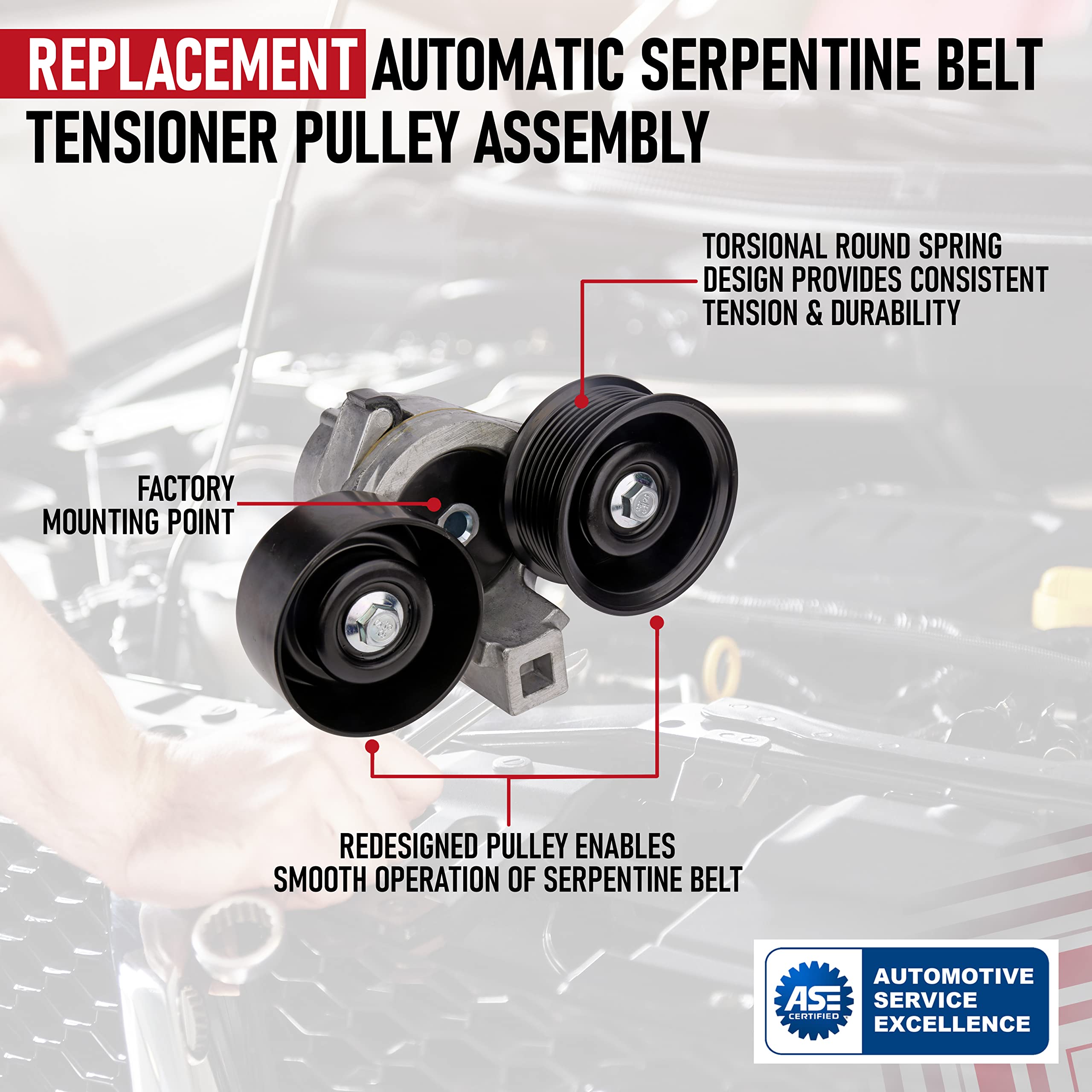 Automatic Serpentine Belt Tensioner Pulley Assembly - Replaces BT50, BT-50 - Compatible with Ford Vehicles - 1997-2003 - E-350 Club Wagon, Econoline, Excursion, F-250 Super Duty - 7.3L V8 Diesel