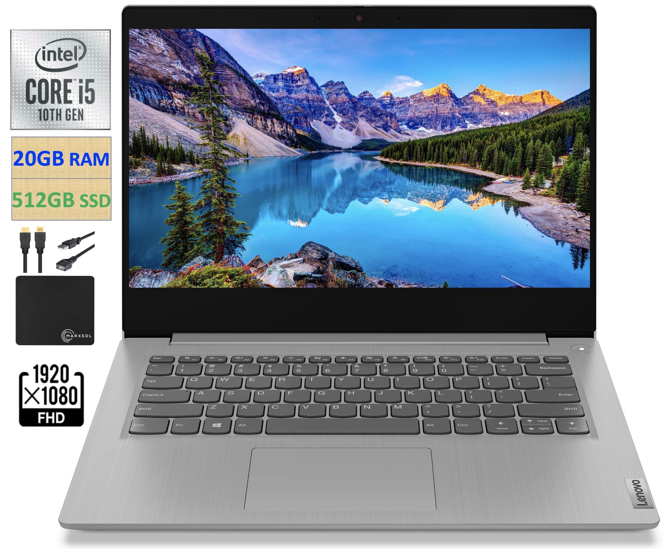 Lenovo 2021 Newest IdeaPad 3 14" FHD Screen Laptop Computer, Intel Quad-Core i5-1035G1 Up to 3.6GHz (Beats i7-8550U), 20GB DDR4 RAM, 512GB PCI-e SSD, Webcam, WiFi, HDMI, Windows 10 + Marxsol Cables