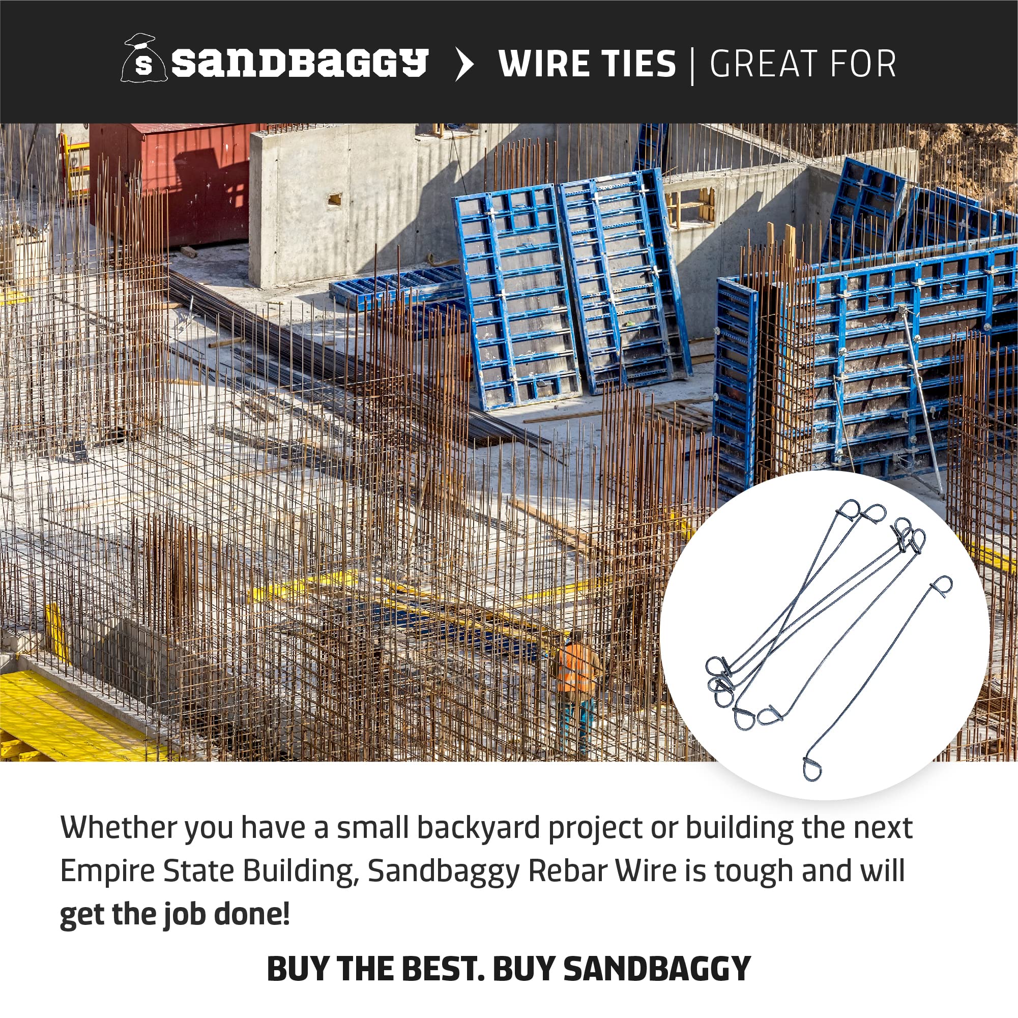 Sandbaggy Double Loop Rebar Wire Bar Ties | 6 Inch | 16 Gauge | Made of Industrial Grade Wire | Great for Securing Rebar, Sandbags & More (Pack of 1,000)