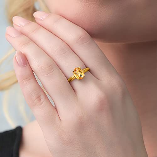 Gem Stone King 18K Yellow Gold Plated Silver 9X7MM Oval Gemstone Birthstone Solitaire Engagement Ring | Wedding Anniversary Promise Gold Ring For Women | Available In Size 5, 6, 7, 8, 9