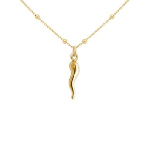 FRONAY Italian Vermeil Horn Necklace - 14k Gold Plated Silver Cornicello Good Luck Pendant (Mini Golden)