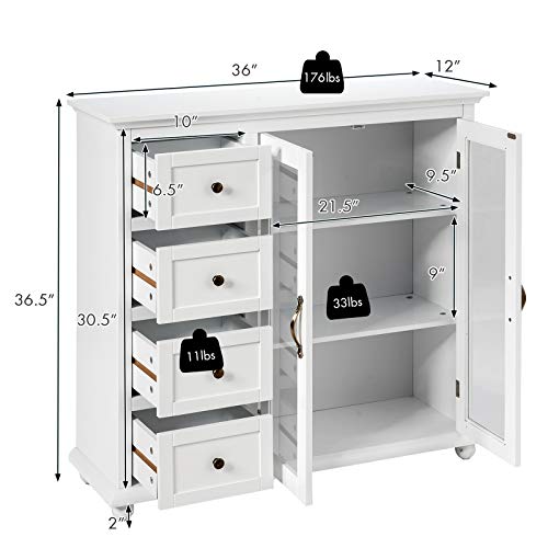 Giantex Buffet Sideboard, Wood Storage Cabinet, Console Table with 4 Drawers, 2-Door Credenza, Living Room Dining Room Furniture, Buffet Server, Kitchen Pantry Cupboard (White)