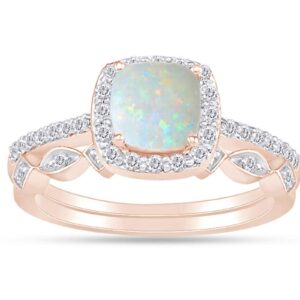 Cushion Cut Lab Created Opal And 0.25 Cttw White Natural Diamond Frame Art Deco Bridal Set Engagement Ring In 10k Solid Rose Gold Ring Size-7