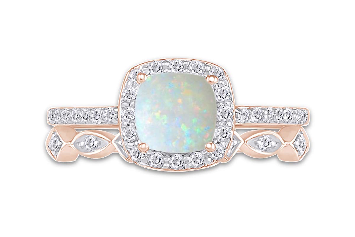 Cushion Cut Lab Created Opal And 0.25 Cttw White Natural Diamond Frame Art Deco Bridal Set Engagement Ring In 10k Solid Rose Gold Ring Size-7