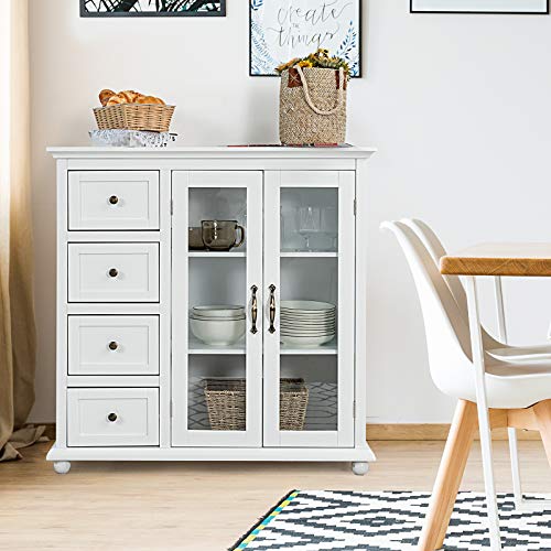 Giantex Buffet Sideboard, Wood Storage Cabinet, Console Table with 4 Drawers, 2-Door Credenza, Living Room Dining Room Furniture, Buffet Server, Kitchen Pantry Cupboard (White)