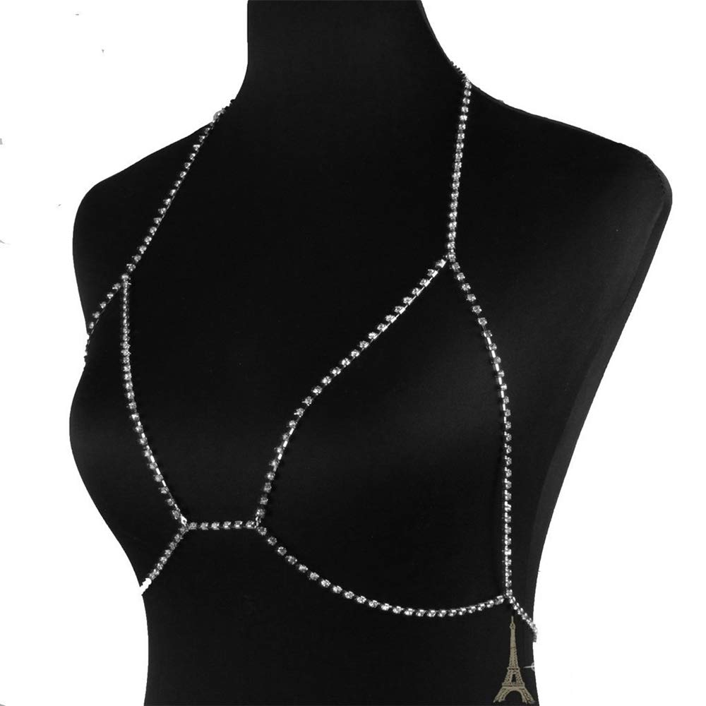 Aimimier Rhinestone Body Chain Bra Summer Beach Bikini Waist Chain Chest Belly Chain Crystal Sexy Body Jewelry for Women and Girls (Silver)