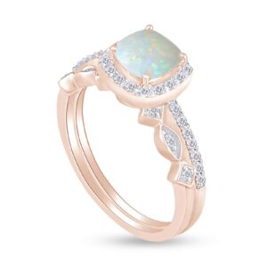 Cushion Cut Lab Created Opal And 0.25 Cttw White Natural Diamond Frame Art Deco Bridal Set Engagement Ring In 10k Solid Rose Gold Ring Size-7