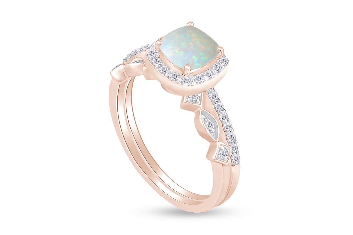 Cushion Cut Lab Created Opal And 0.25 Cttw White Natural Diamond Frame Art Deco Bridal Set Engagement Ring In 10k Solid Rose Gold Ring Size-7