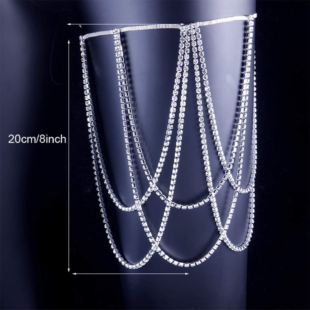 Aimimier Bohemian Rhinestone Multi Layers Leg Thigh Chain Shiny Tennis Chain Summer Beach Bikini Body Chain Crystal Sexy Body Jewelry for Women and Girls (Silver)